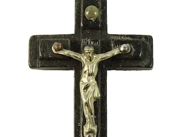Antique Black Stanhope Viewer Cross Crucifix Pendant w Tiny Images