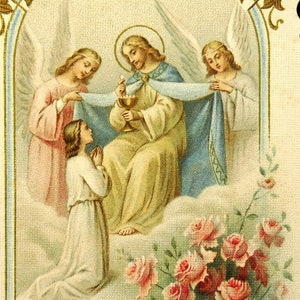 Jesus w Angels Girl Communion Antique Holy Prayer Card 1909 Roses