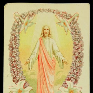 Jésus surmontant le mal ancienne carte sacrée papier cartonné allemand marque-page dos vierge