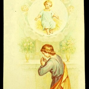 Carte Sainte Antique Prier devant le Tabernacle Jésus Angelots Français Espagnol