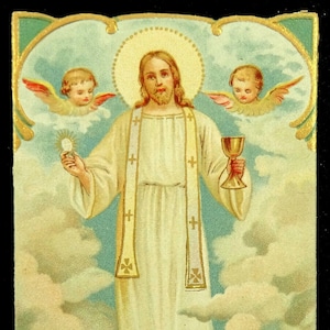 Carte sacrée vintage allemande Jésus Communion angelots indulgences or doré