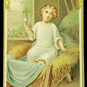 Enfant Jésus crèche de Noël vintage carte sacrée anglais doré c1920s