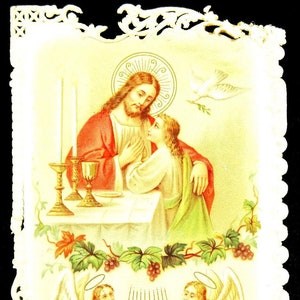 Carte souvenir de première communion, hollandaise antique de 1907, anges en relief
