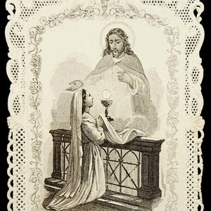 Jesus with Girl First Communion Paper Lace Antique Holy Card Chanson Canivet