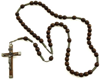 Unusual Antique Rosary Brown Wood Beads Spring Spacers Mounted on Chain