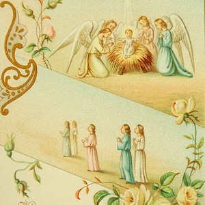 Carte Sainte Nativité Noël Antique Roses Blanches Prière Française Verso