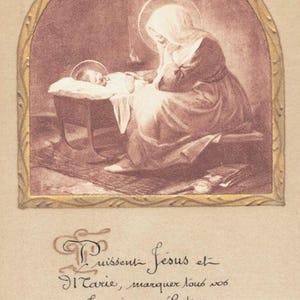 Carte sacrée de la Nativité française faite main, vintage des années 1920, dorée sur parchemin