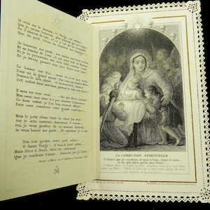 Carte sainte de Noël anges de la nativité en dentelle antique Canivet français 2 volets en dentelle