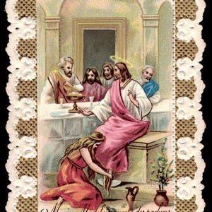 Marie-Madeleine versant de l'huile sur les pieds de Jésus carte sainte antique couleur en relief