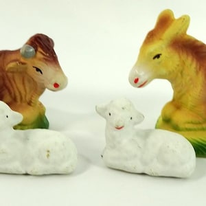 Vintage Ceramic Nativity Figurines Animals Donkey Bull Lambs Sheep 4pcz