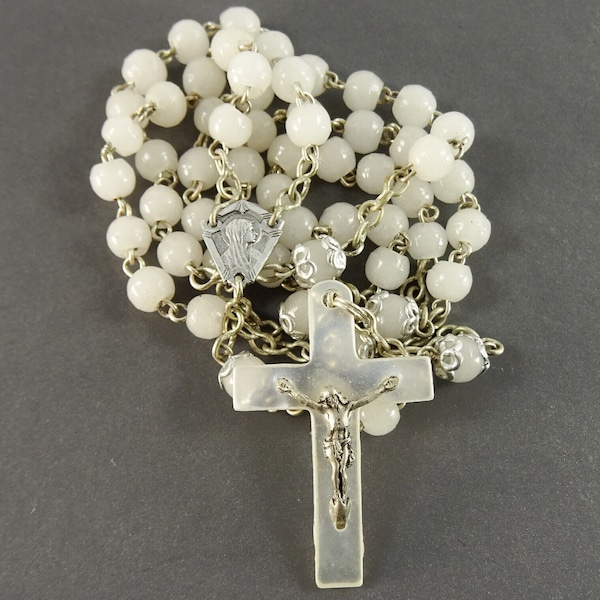 Vintage Rosary White Crucifix Glass Beads Aluminum Baptism or Communion Gift