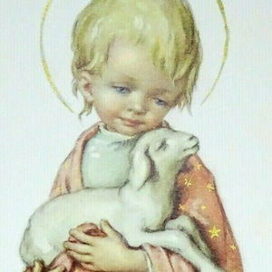 Carte de prière sacrée jeune garçon Jésus enfant avec agneau vintage des années 1960 NSA