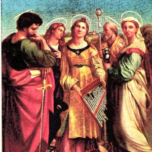 Sainte-Cécile, Sainte-Cécile, carte sacrée vintage allemande à deux volets avec chant en allemand