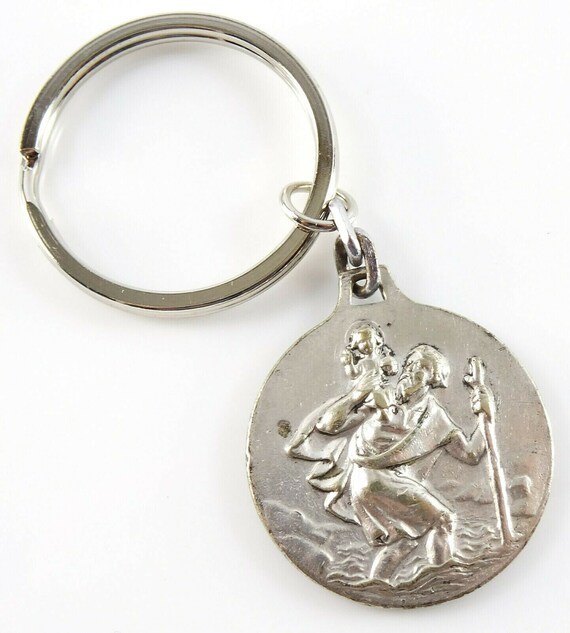 St Christopher Medal Keychain Vintage Blank Coat of Arms Shield