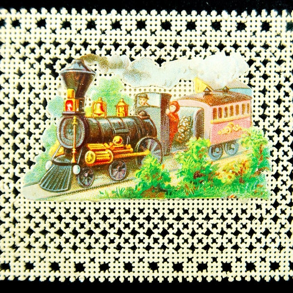 Antique Pierced Bristol Card with Locomotive Train French Message on Back