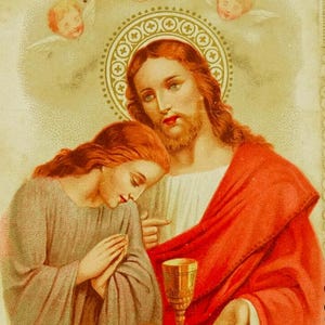 Jesus und St John Kommunion Antike heilige Karte Spanisch geprägte Spitzenbordüre