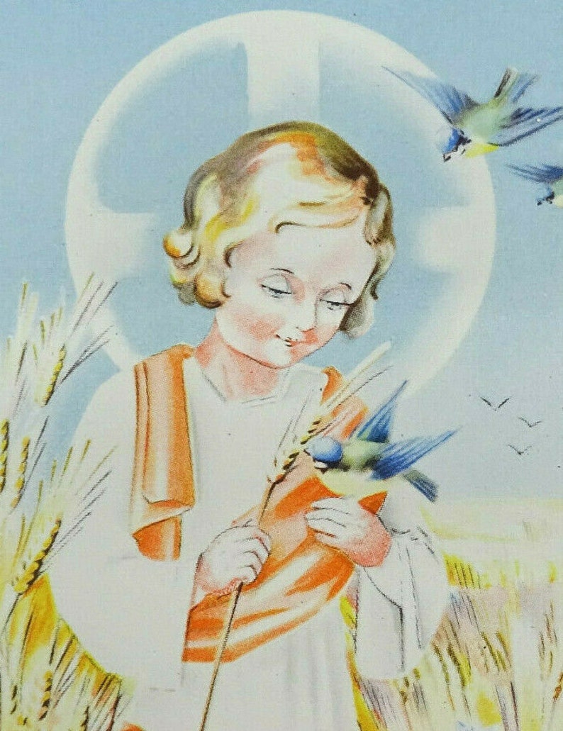 Vintage Holy Prayer Card Young Jesus with Birds Maredret image 0
