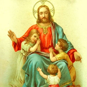 Laissez les enfants venir à moi Jésus chérubins antique allemand carte de prière sainte