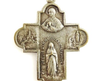 Four 4 Way Cross Pendant 1958 Lourdes Vintage Medal Pendant