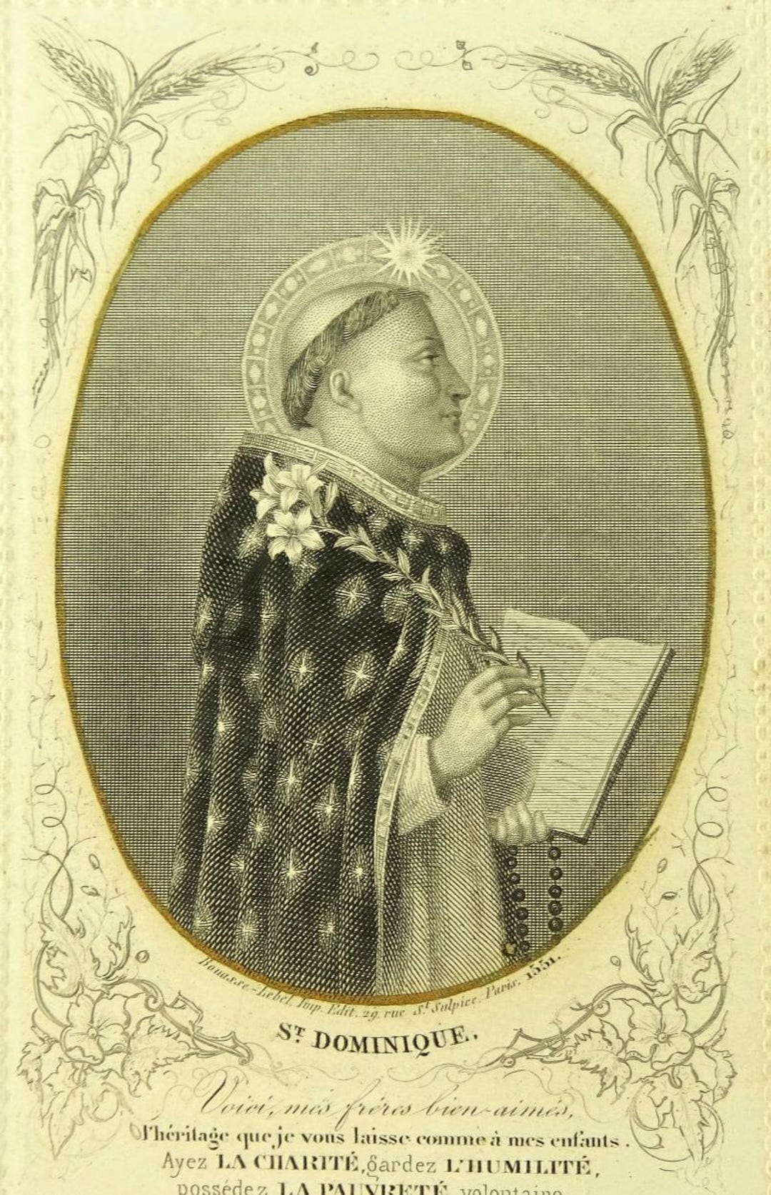 St Dominic Saint Dominique Antique Lace Holy Card 19thc French