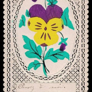 THINK OF ME Pensée peinte à la main antique amitié carte dentelle papier canivet Français
