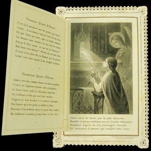 Adoration de Jésus marguerite antique carte sainte pliante en dentelle française Canivet à deux volets