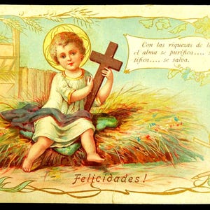 Croix de la Nativité de Jésus antique carte sainte espagnole Felicidades