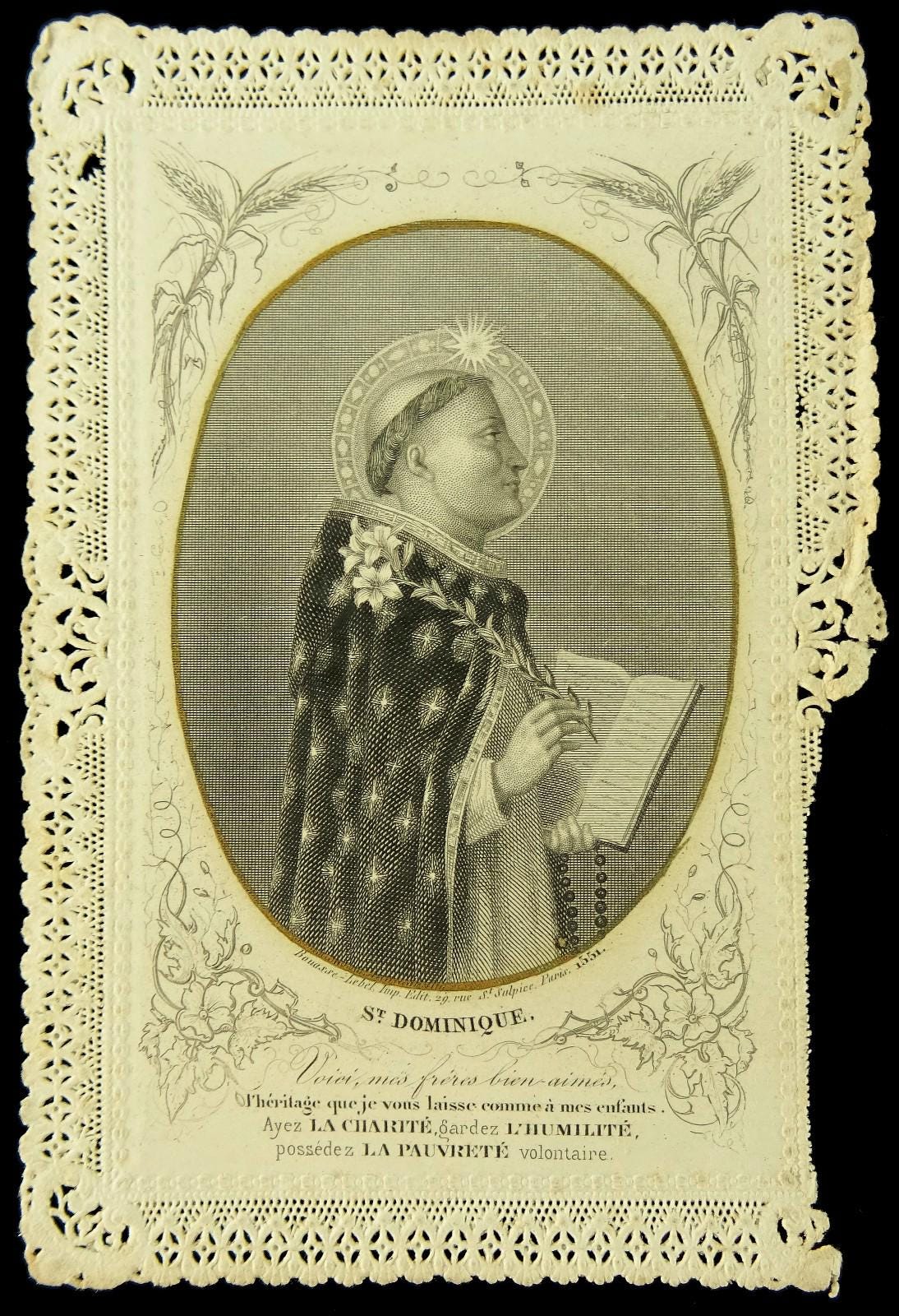 St Dominic Saint Dominique Antique Lace Holy Card 19thc French