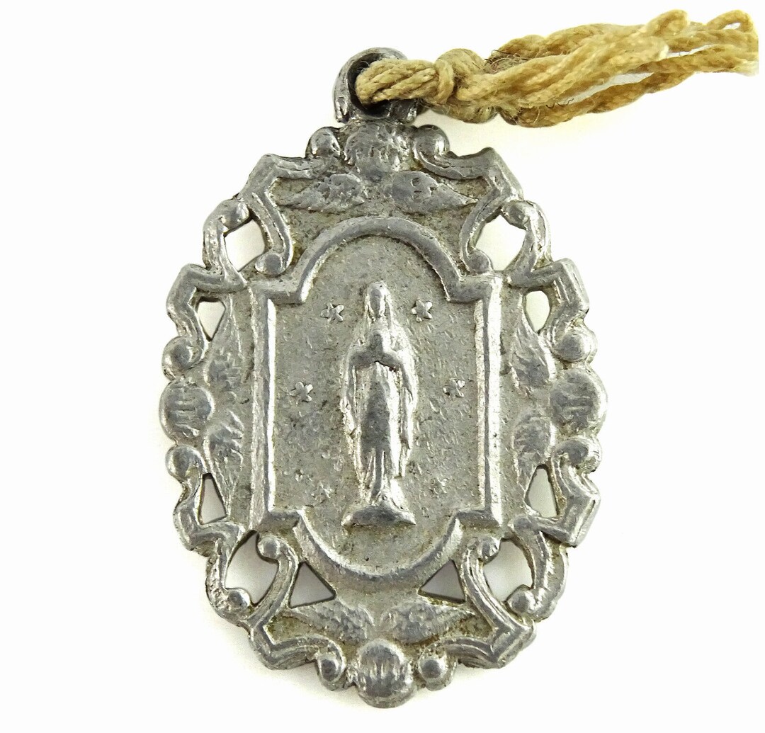 Our Lady of Lourdes Medal Antique Art Nouveau Cherubs Pendant Aluminum ...
