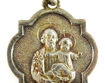 Saint St Joseph Silver Medal Vintage Pendant Charm Quatrefoil Catholic Jewelry
