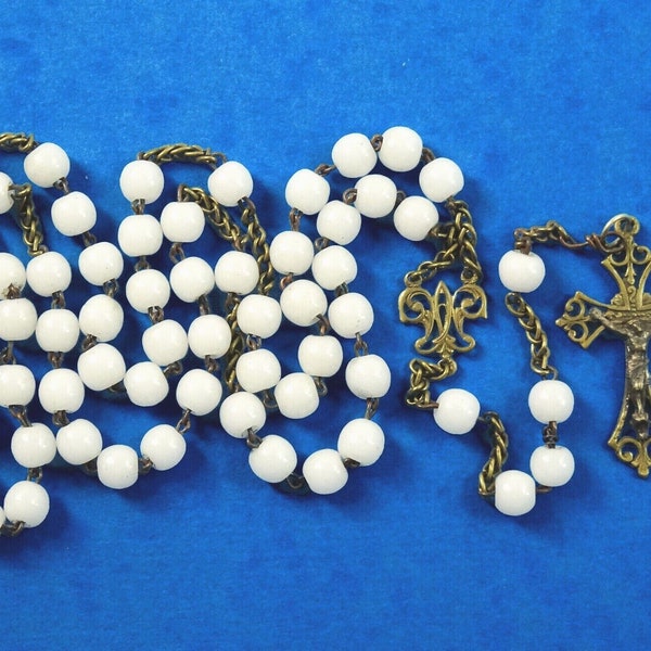 Antique Rosary White Glass Beads M Inverted Marian Monogram Fleur de Lys Cross