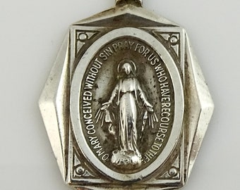 Vintage Sterling Silver Miraculous Medal Pendant Charm Art Deco