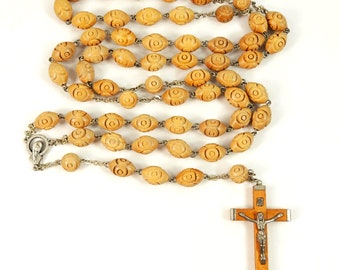 Our Lady of Fatima Large Carved Wood Bead Rosary Vintage Wooden Prayer Beads