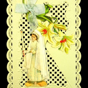 Girl First Communion Lilies Collage Card Vintage 1920s Souvenir Lace Holy Card
