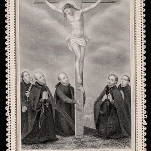 Carte Saints jésuites au pied de la croix de Jésus en dentelle antique, Français
