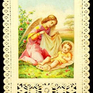 Ange avec enfant endormi Jésus Antique dentelle carte sainte sans texte couleur Canivet