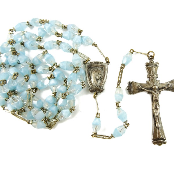 Vintage Rosary Clear and Blue Two-Color Glass Beads Art Deco Style