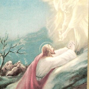 Carte sainte vintage Jésus priant dans le jardin de Gethsémani avec les disciples endormis