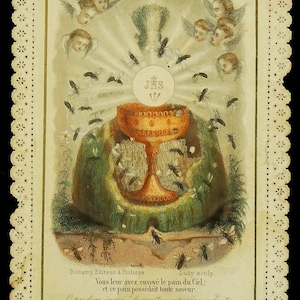 Insectes autour du calice angelots dentelle ancienne carte sacrée France Bonamy 19e