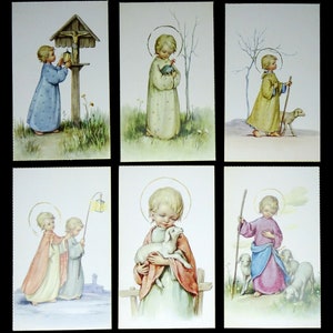 Cartes Saintes Pour Enfants Lot de 6 Young Boy Jesus Shepherd Agneaux vintage années 1960 NOS