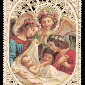 Carte sacrée de Noël victorienne allemande en dentelle antique, anges de la nativité, dorure