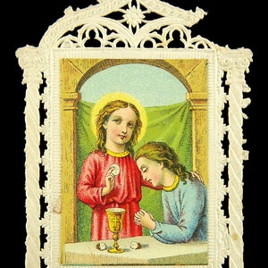Jesus and St John Jean Color Antique Paper Lace Holy Prayer Card No Text Small