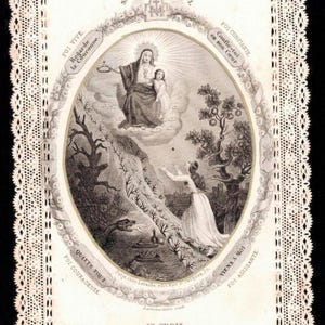 Carte sainte avec dentelle ancienne Dévotion à Marie contre les tentations, France, 19e siècle