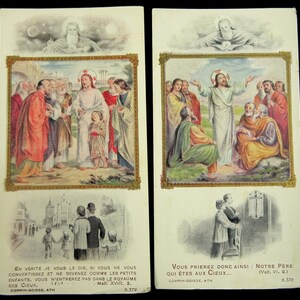 Cartes saintes vintage de Jésus Français Notre Père Notre Père et Matthieu 18 3