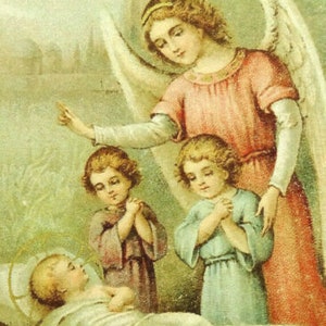 Carte de prière française vintage pour la Nativité des enfants de l'enfant Jésus, Noël, enfants, ange