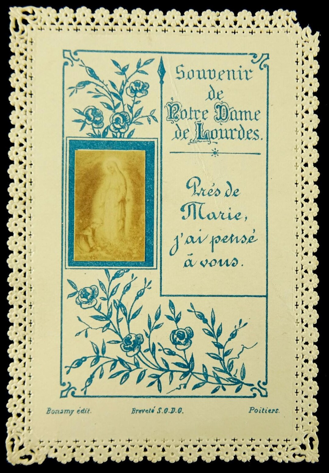 Our Lady of Lourdes Antique Lace Holy Card French Bonamy Small Blue ...