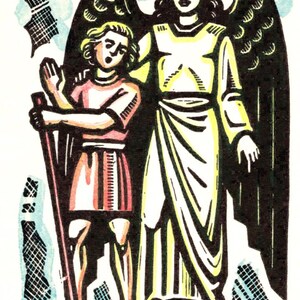 Carte Saint-Raphaël et Tobie avec poisson vintage Saint-Raphaël, dos vierge, style Art déco