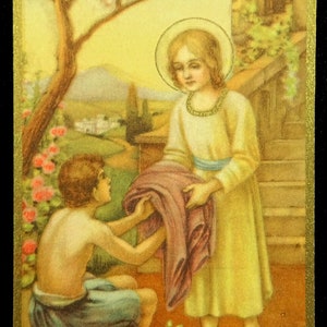 Carte de prière sainte allemande vintage Jésus habillant les pauvres