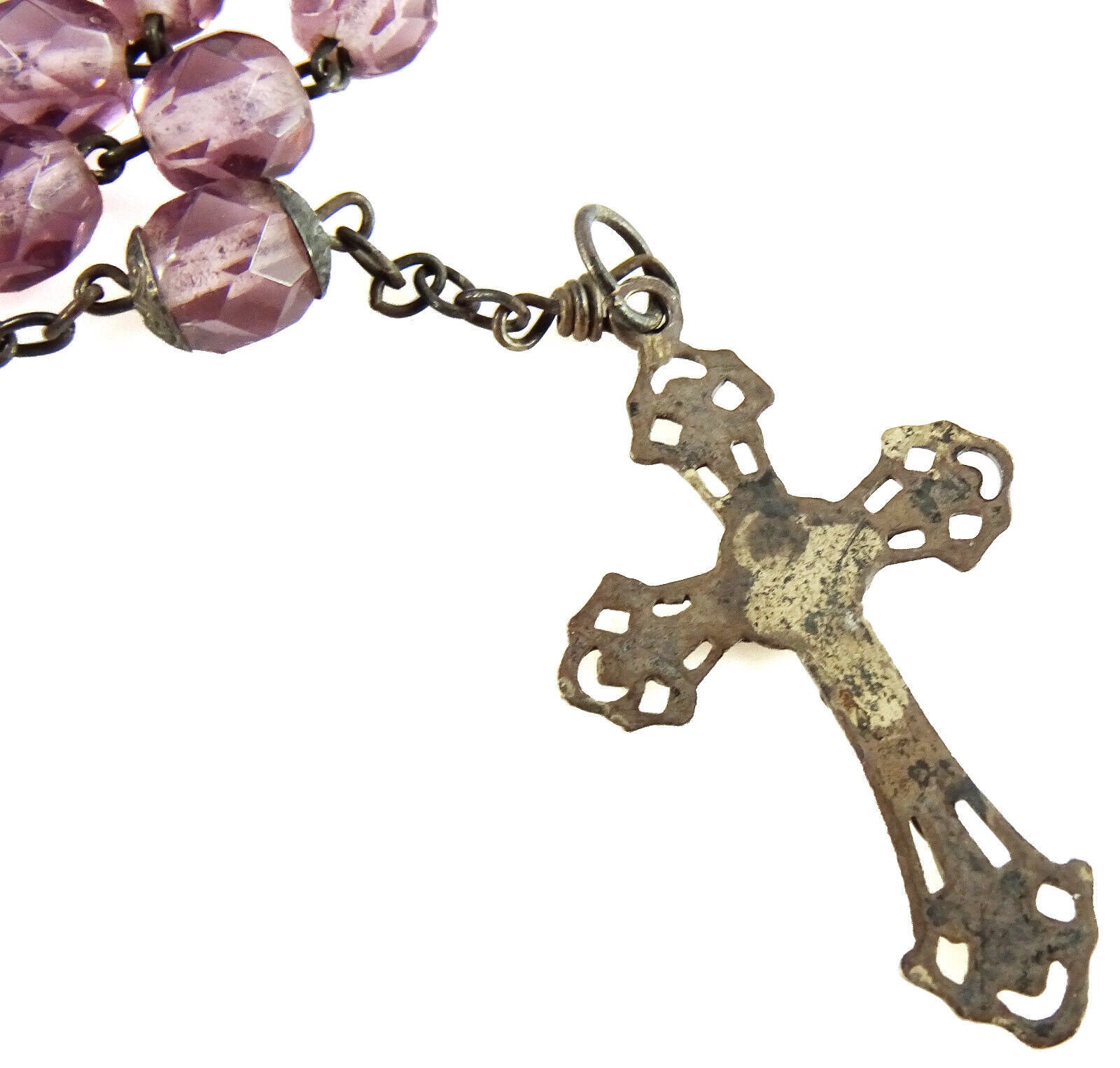 Vintage Rosary Purple Glass Beads Silver Medal Crucifix and Etsy