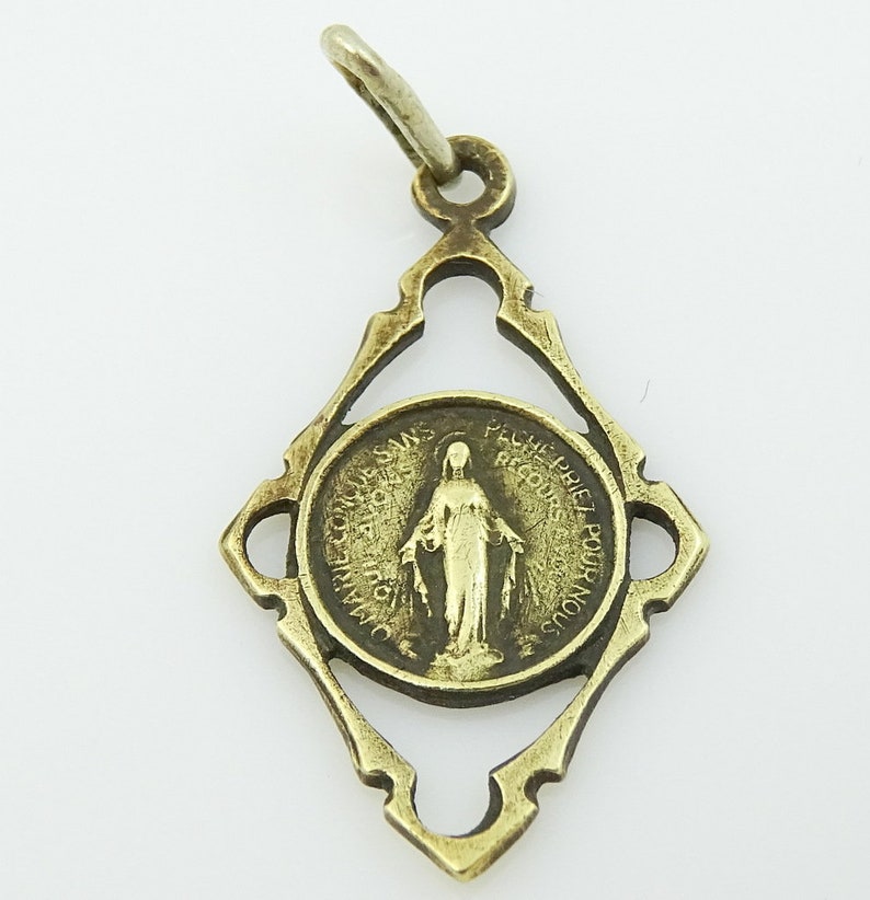 Vintage Miraculous Medal Necklace Pendant Small Openwork Brass Image 0